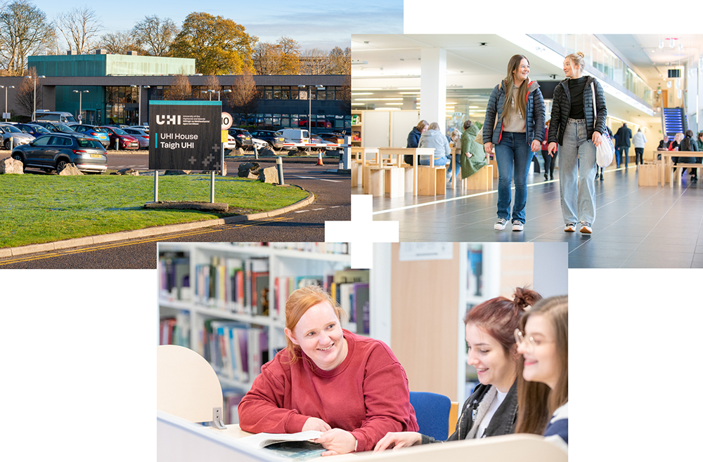 UHI House building and signage | Two people walking and talking | Three people studying