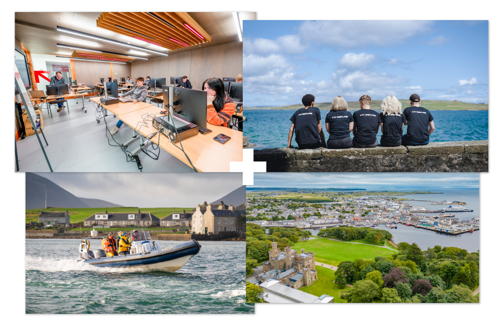 People in a classroom using computers | People sitting on a wall | People in a small boat | Aerial view of Stornoway