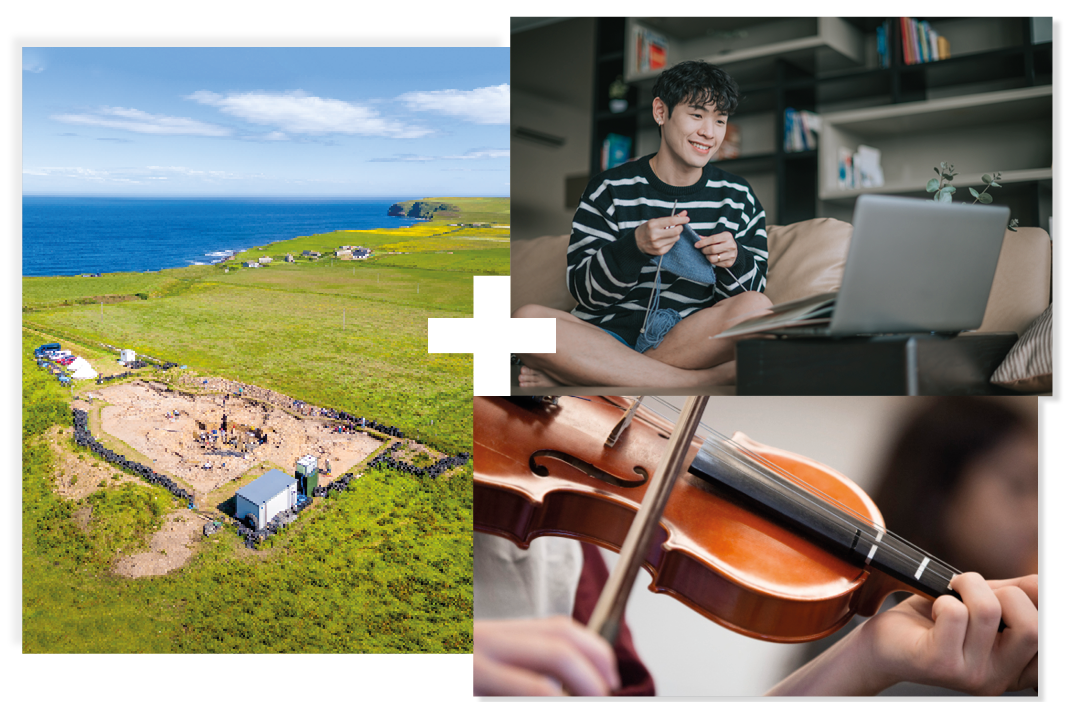 Collage of 3 | Archaeological dig | Person studying at a laptop | Close-up of a violin