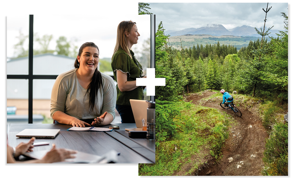 Collage of 2. A student smiling in a classroom and a student mountain biking in a forest