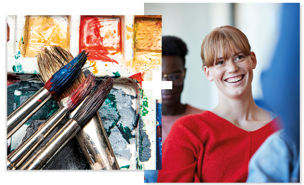 Collage of 2. Paint brushes on a palette and a student smiling in a classroom