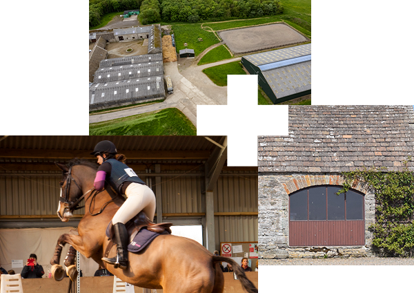 Left: Equine student and their glossy brown horse approaching a jump. Top: Rural Studies Centre aerial view. Right: Close-up of a stone building with foliage growing up the front of it, part of the Rural Studies Centre.