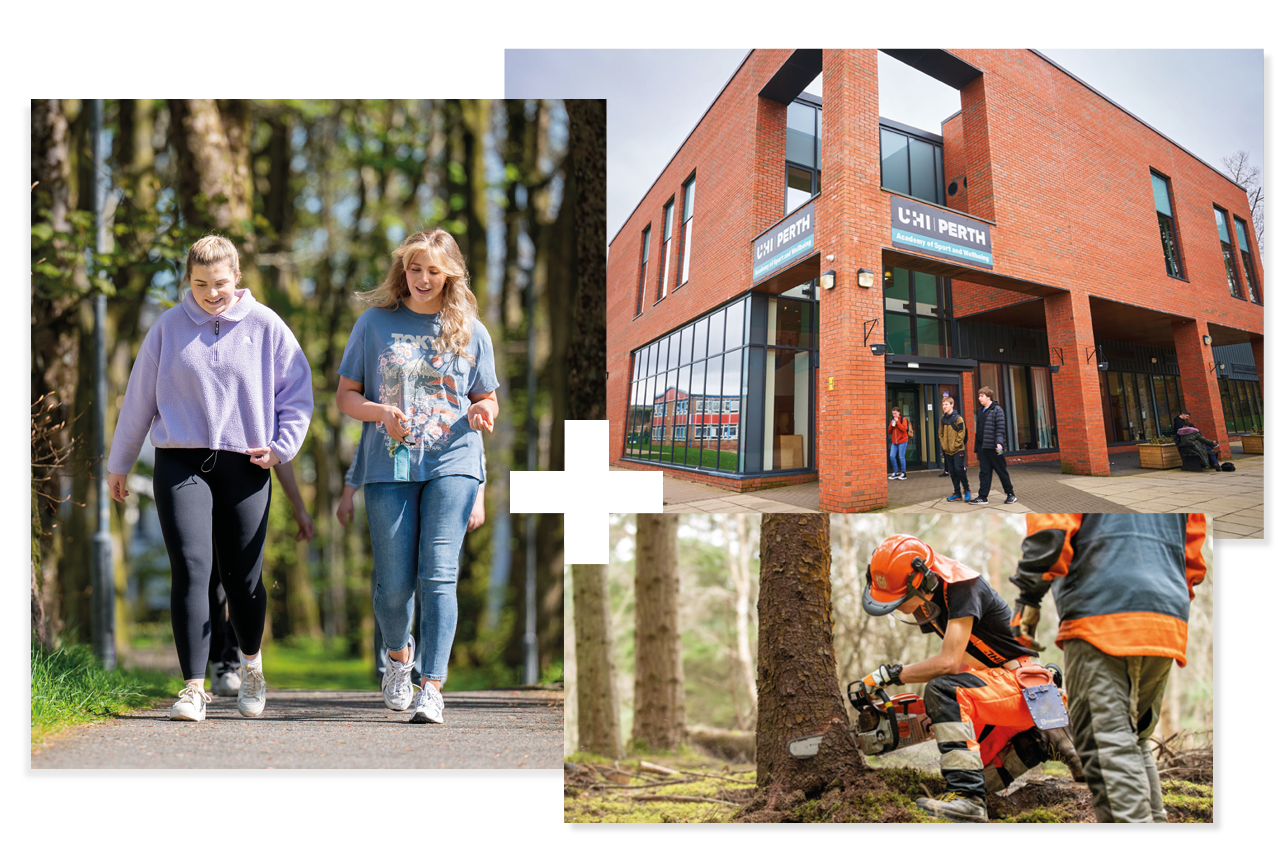 Two people walking together | A forestry student chainsawing a tree | UHI Perth campus building