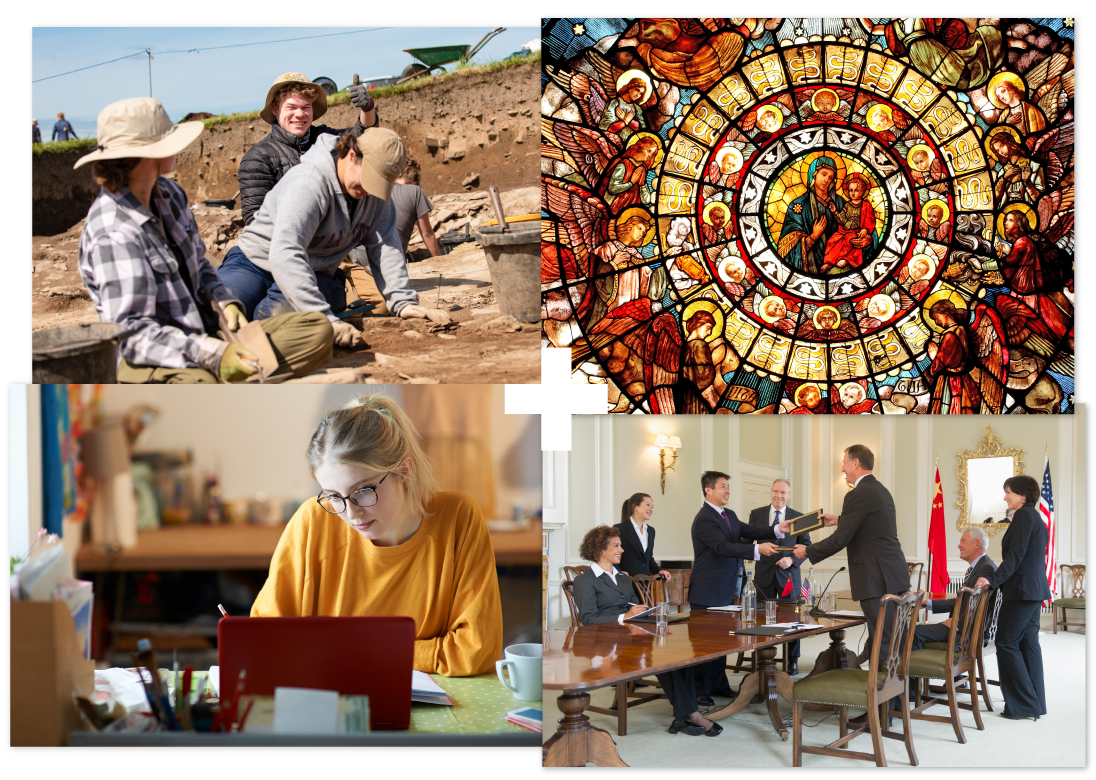 Collage of 4 | Archaeological dig | Stained glass window | Student studying at a laptop | People at a meeting