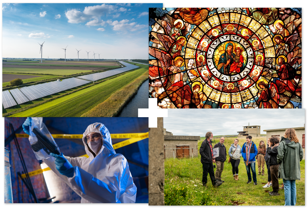 Collage of 4 | Solar panels in a field | A stained glass window | A person processing evidence at a crime scene | People standing in a field