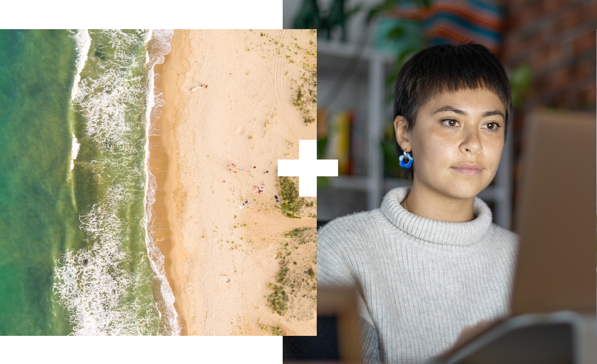 Collage of 2 | Aerial view of coastline | Woman working at a laptop