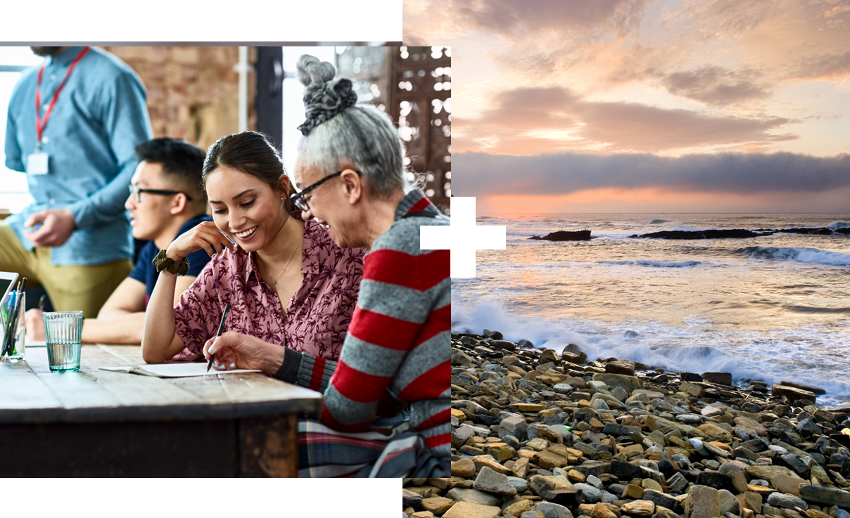 Collage of 2 | Lecturer helping a student | Beach at Brough Head, Orkney Islands