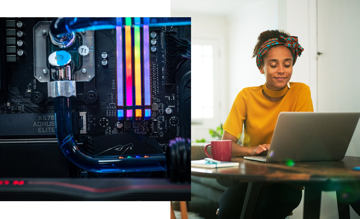 Collage of 2 | Student working at a laptop | Close-up of a computer