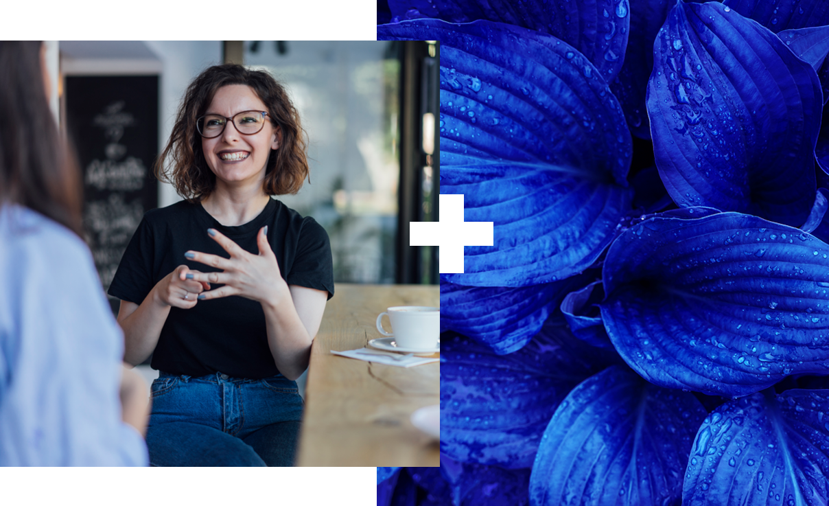 Collage of 2 | Woman talking in a café | Close up of blue leaves