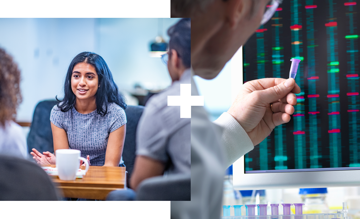 Collage of two | Woman in a meeting | Scientists interpreting data on a board