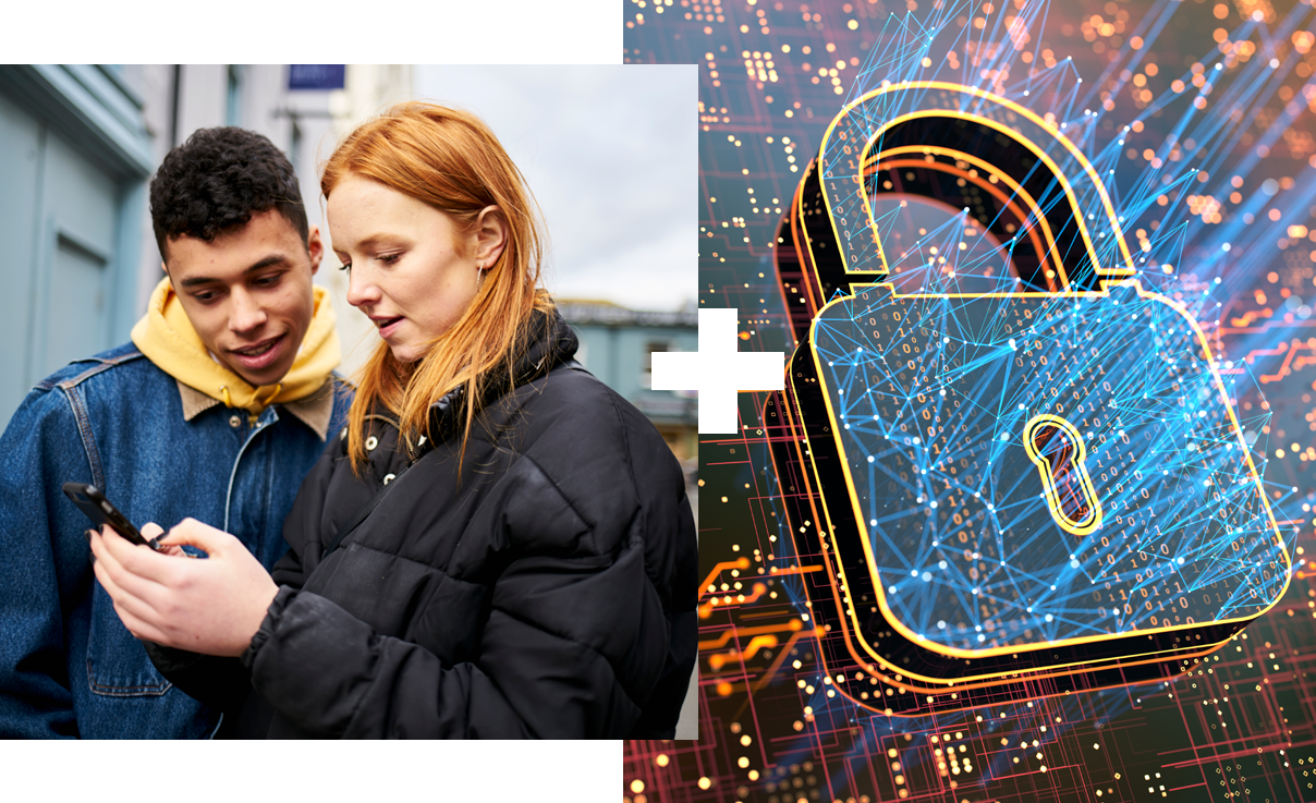 Collage of 2 | Two students on a phone | Image of padlock