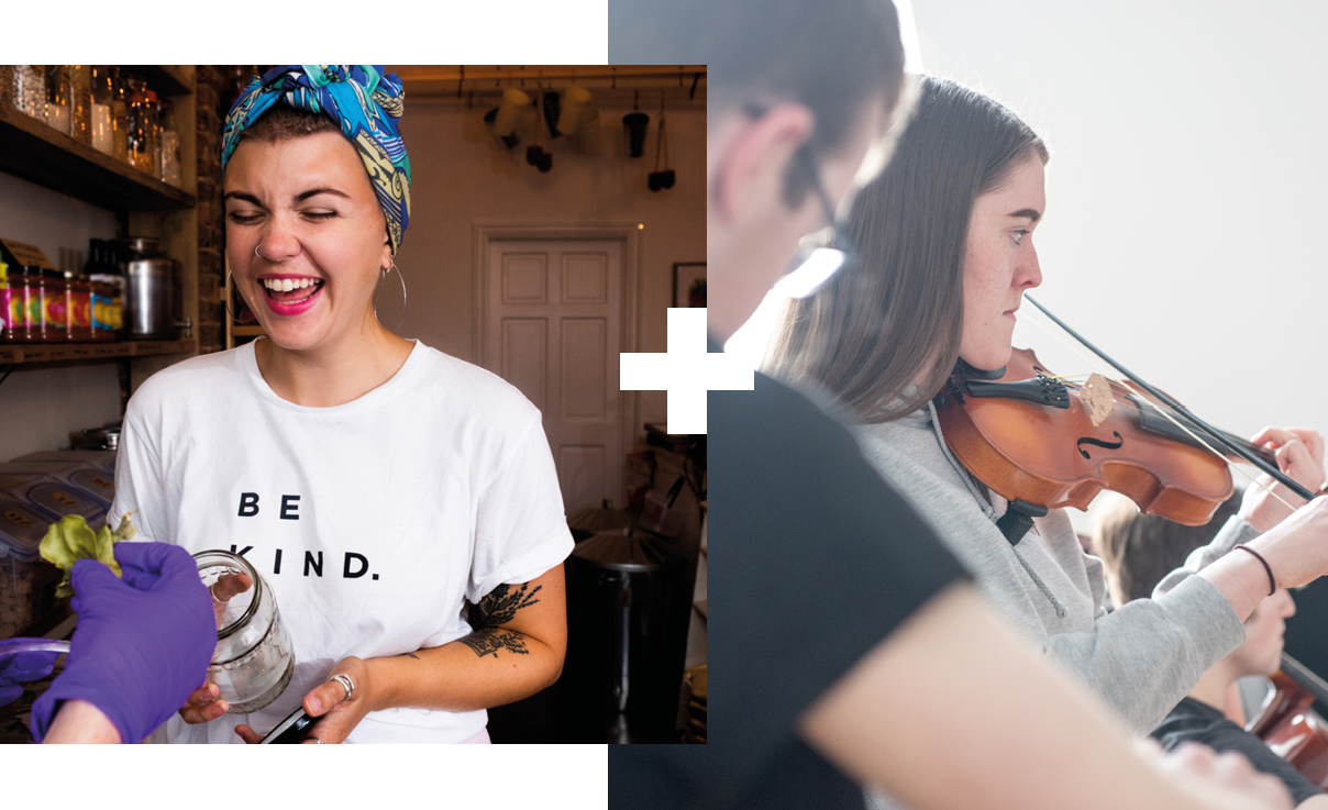 Collage of 2 | Woman laughing | Student playing the violin