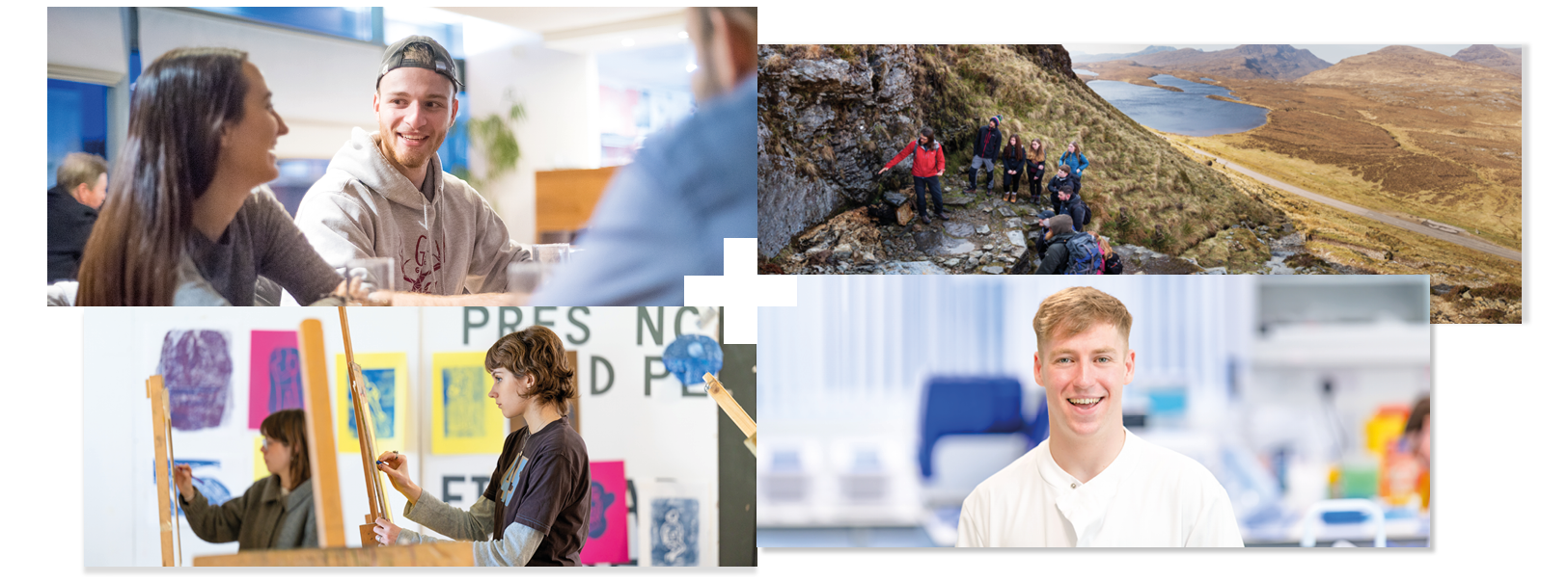 Collage of 4 | People in a canteen | Students on a field trip on a mountain | Student paining in an art classroom | Student smiling