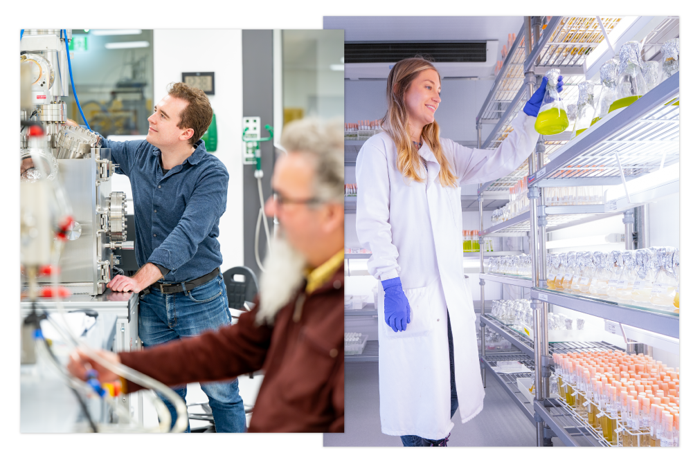 Collage of 2 | Two images of people working in laboratories