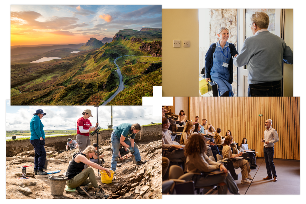 Collage of 4 | Scottish landscape with a sunset | Healthcare professional greeting a patient | Students at an archaeological dig | Person lecturing in a lecture theatre