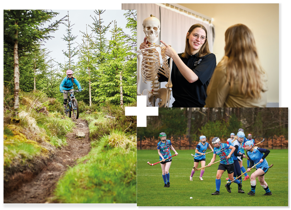Collage of 3 | Student cycling | Students playing shinty | Student in a sports rehabilitation clinic