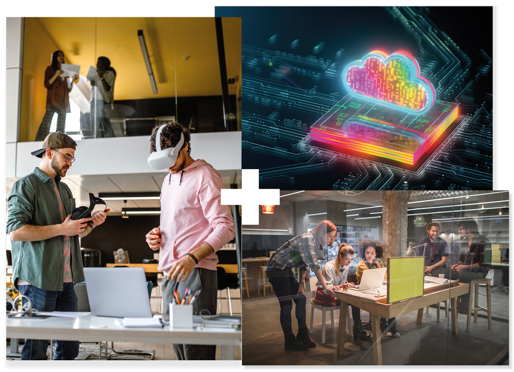 Collage of 3 | Students using augmented reality technology | A bright coloured digital cloud | People working at a table in an office Collage of 3 | Students using augmented reality technology | A bright coloured digital cloud | People working at a table in an office