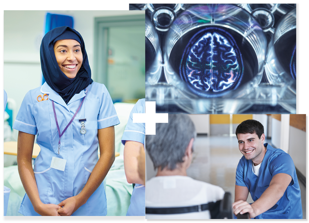 Healthcare professional in a hospital | Healthcare professional talking to a client | Scan of a human brain Healthcare professional in a hospital | Healthcare professional talking to a client | Scan of a human brain